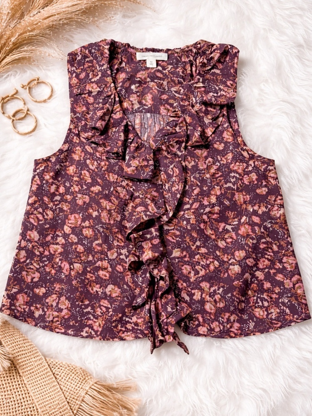Treasure & Bond Floral Ruffle Sleeveless Blouse XS Boho Tie Neck
